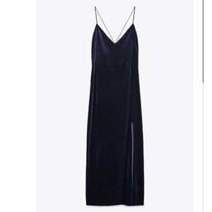 NWT ZARA VELVET LINGERIE-STYLE DRESS NAVY BLUE